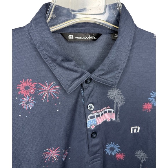 Travis Mathew Mens XL Navy Blue Patriotic USA Print Short Sleeve Polo Shirt - Picture 1 of 9